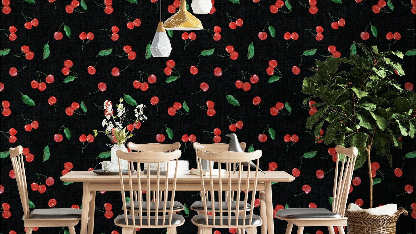 Statement wallpaper featuring scattered black cherries

