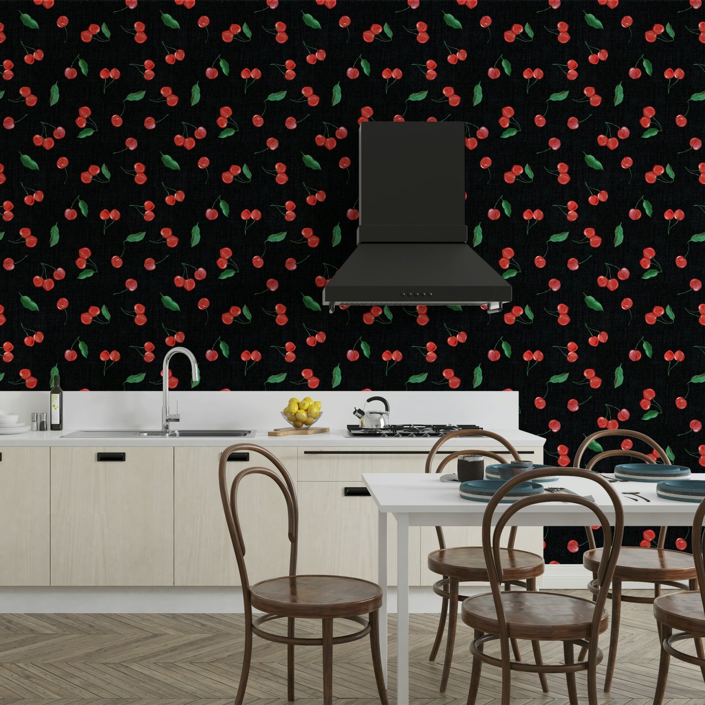 Whimsical toss pattern of painterly black cherries

