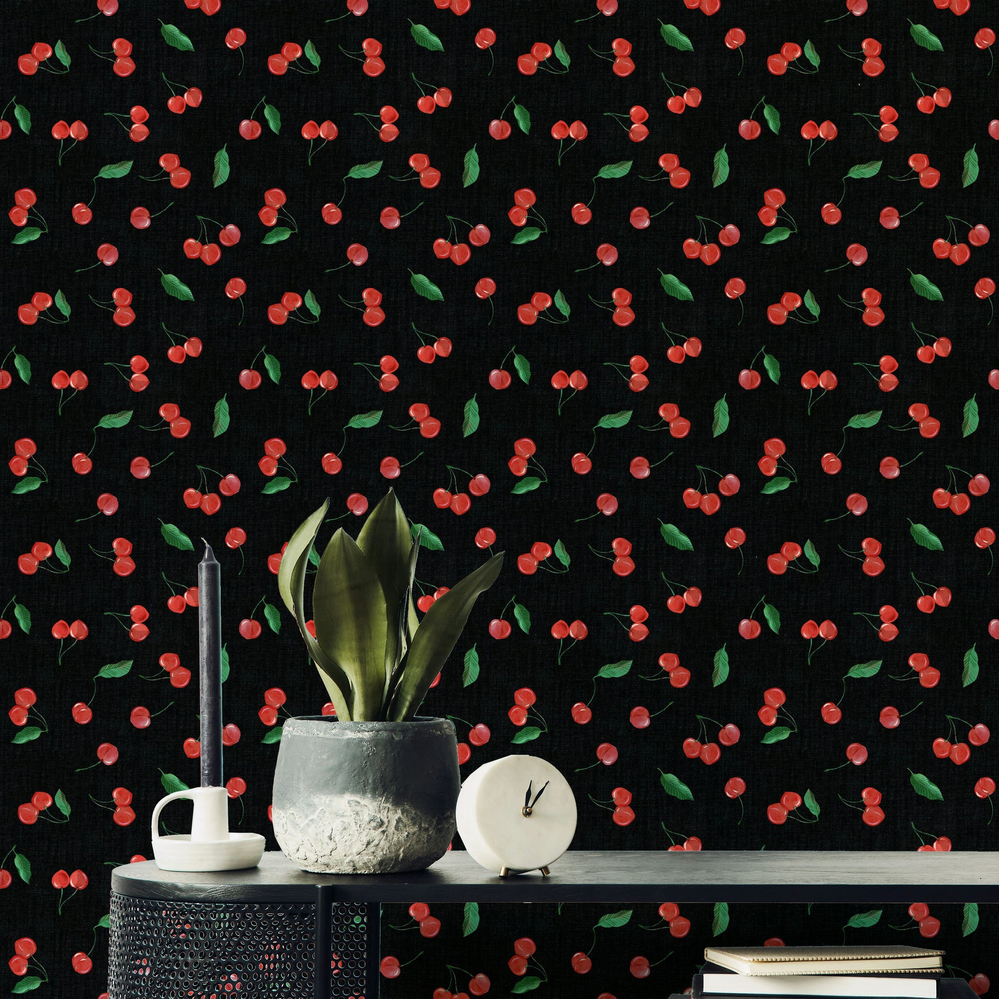 Tossed black cherries wallpaper with artistic style


