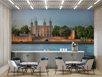 A graceful subtle architecture wall mural in cool, natural tones.

