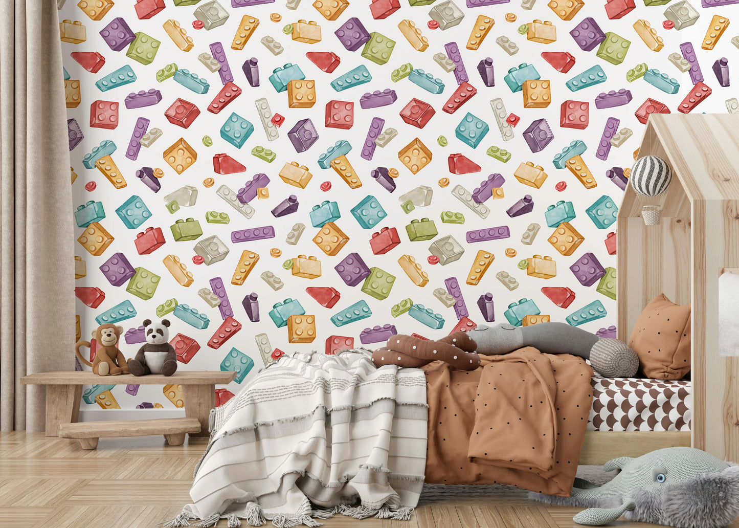 Kids bedroom wall with vibrant toy block wallpaper