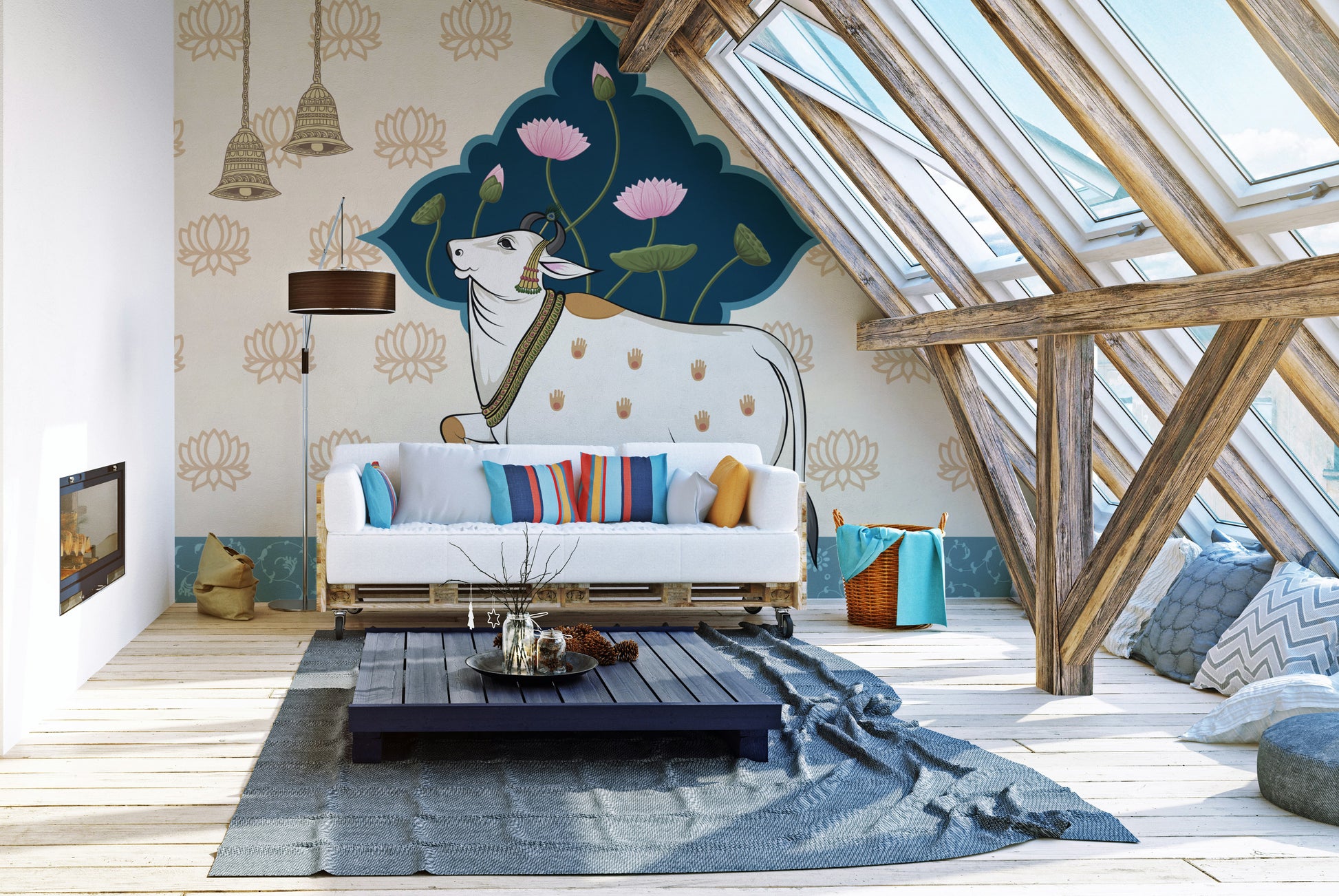 Indian Cultural Wall Mural featuring temple bells
