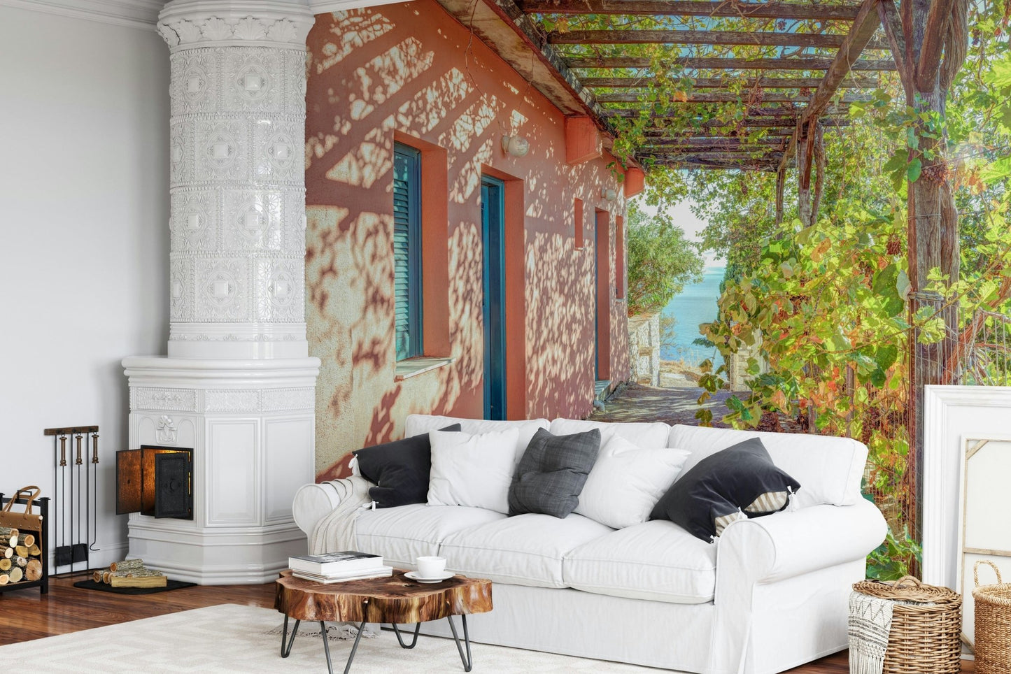 Alonissos House wallpaper captures sunlit pergola and sea view.
