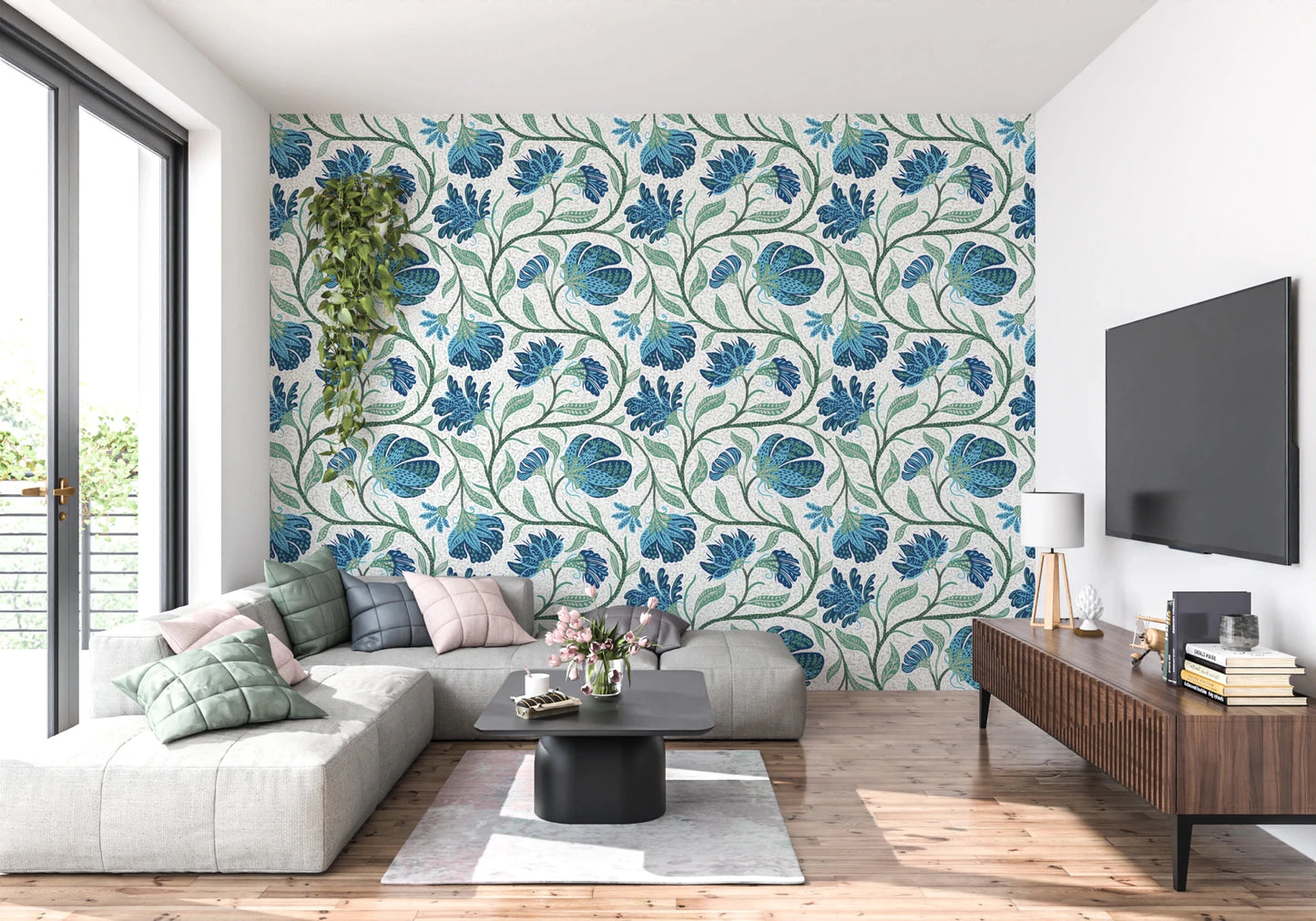Trailing Indina Floral - Blue and White Wallpaper⁠