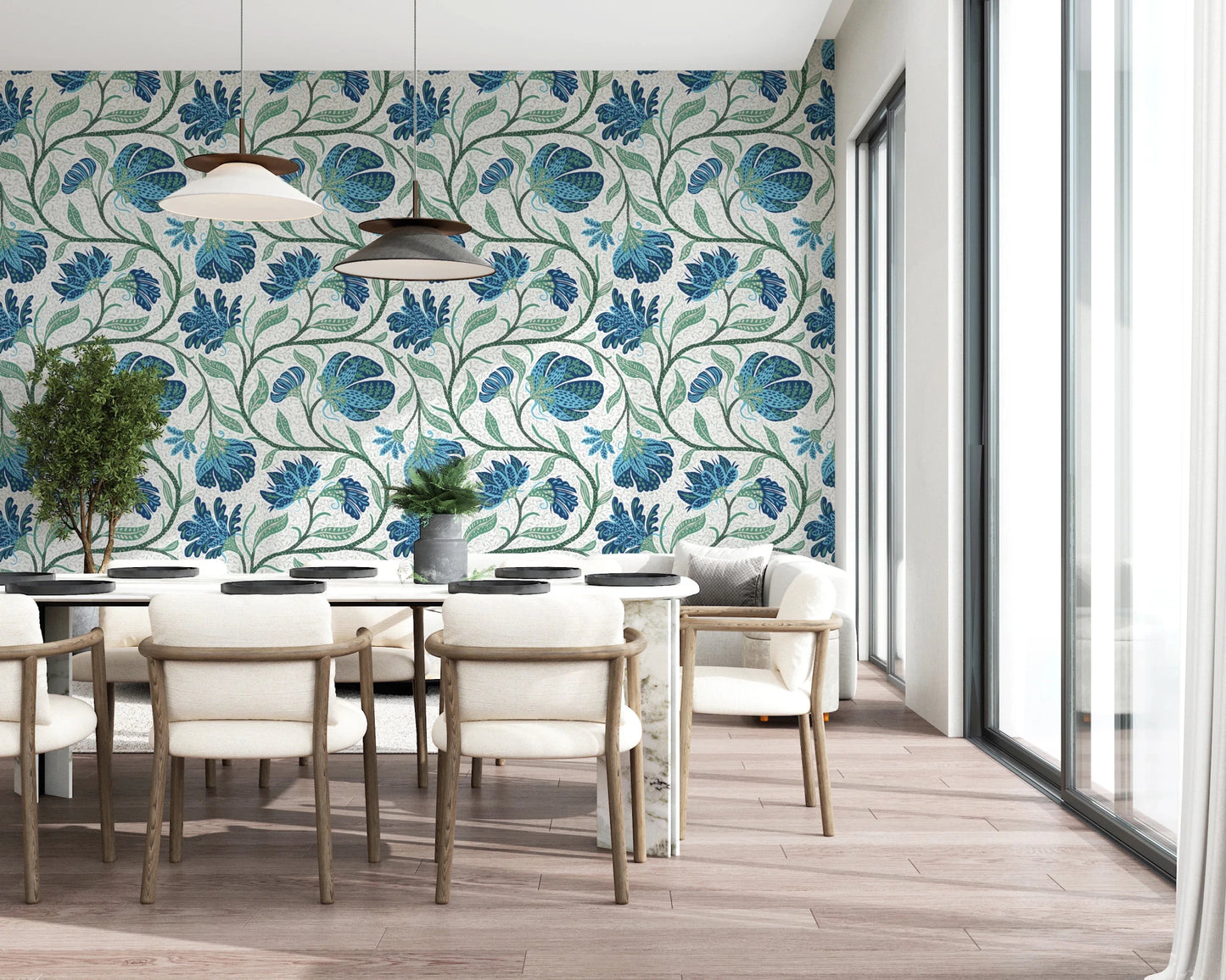 Trailing Indina Floral - Blue and White Wallpaper⁠