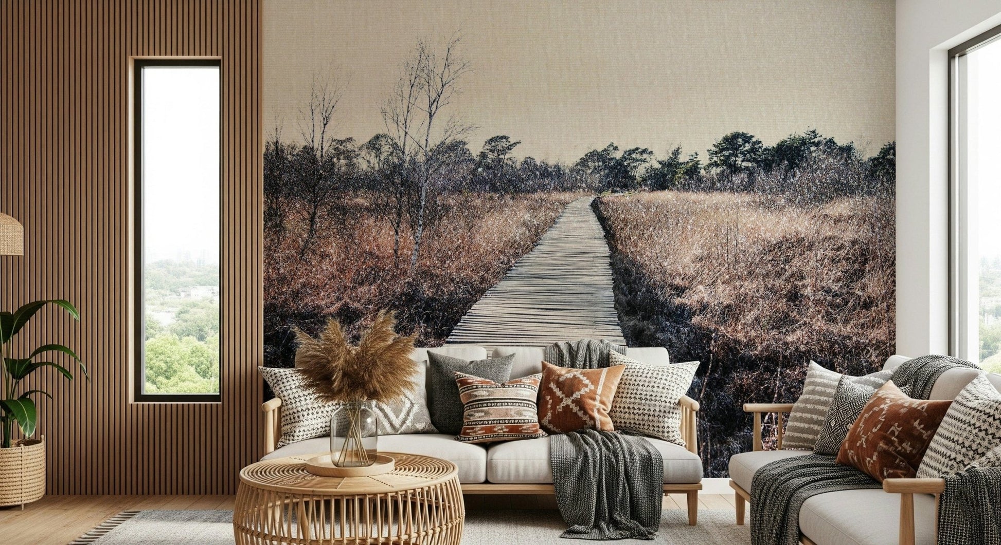 Matte finish nature mural for a minimalist guest room with white bedding.
