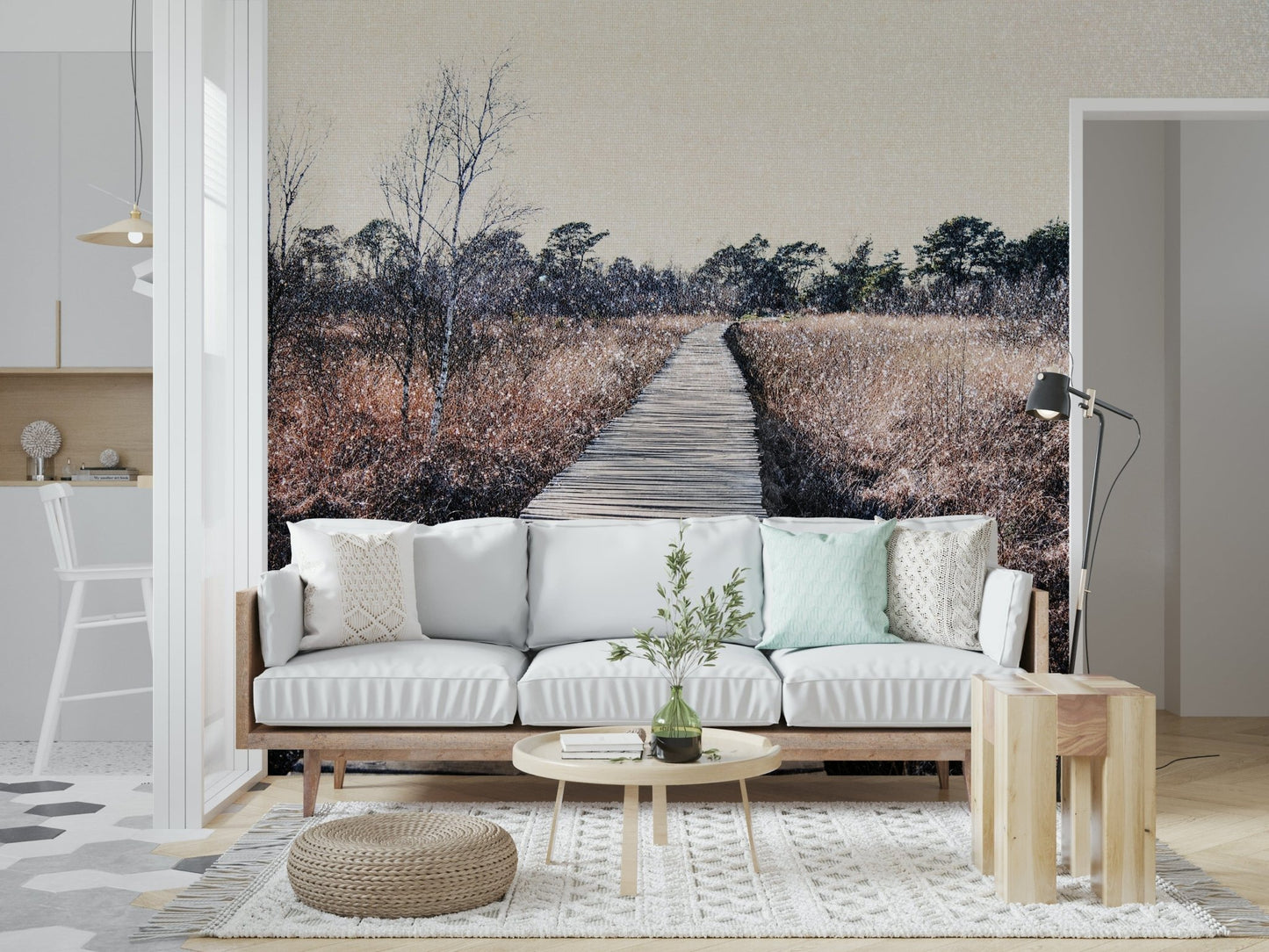 Calming landscape wallpaper for a nursery featuring soft browns and tan hues.