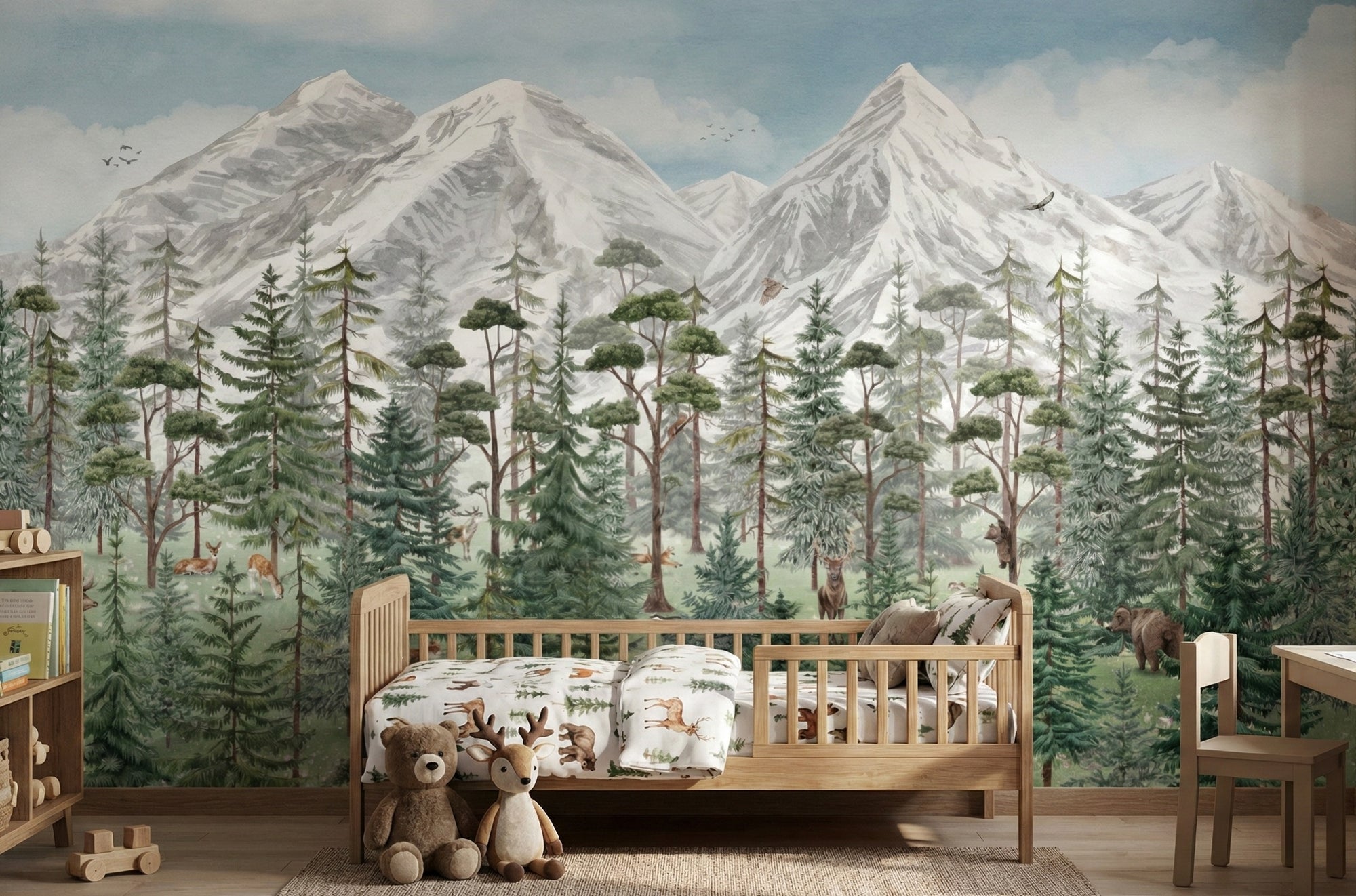 Tranquil Alpine Forest wallpaper mural with snowy mountains, green pine trees and deer behind a wooden toddler bed in a kids room