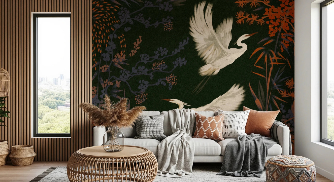 Tranquil Aviary Herons Asian Art Wall Mural