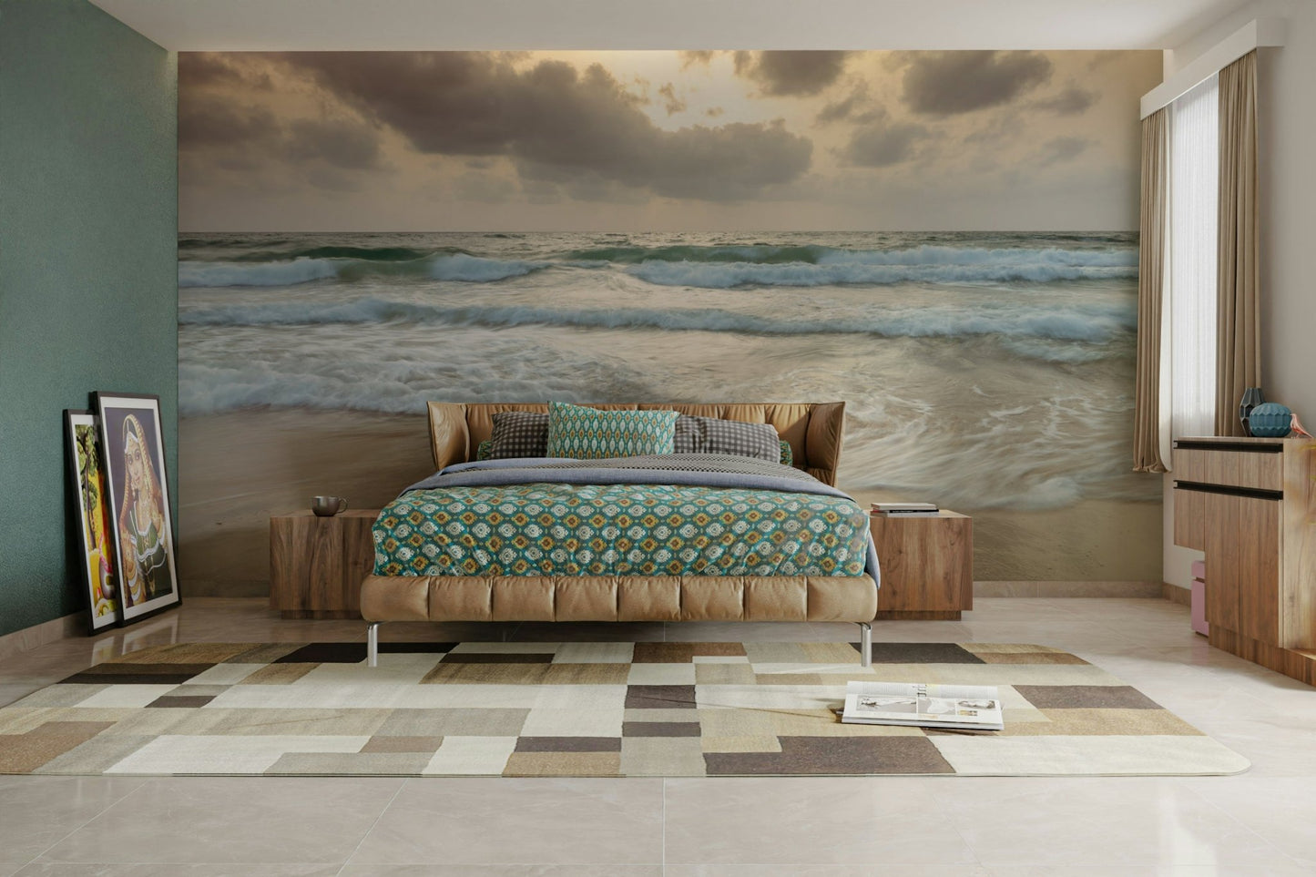 The image shows a full wall with waves rolling onto the sand.

