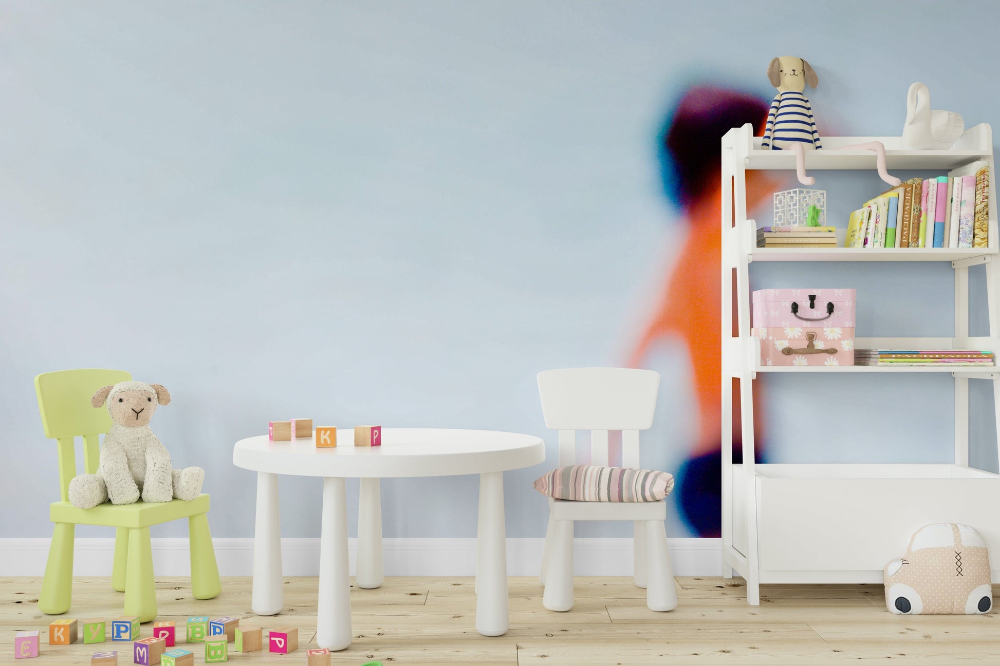 A peaceful Mediterranean beach mural on decorative wallpaper.

