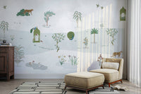 The colors are soft and gentle, with pale greens, whites, and light pinks.

