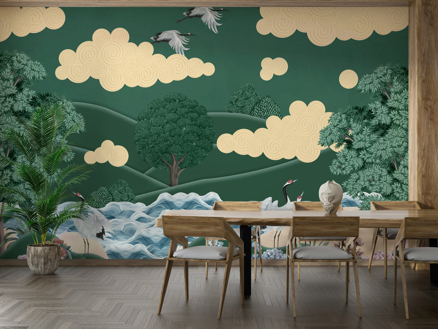 The cranes are shown standing or flying in a wide landscape.


