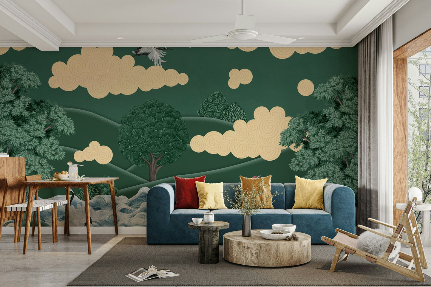 A peaceful wall mural with a scenic view of cranes.

