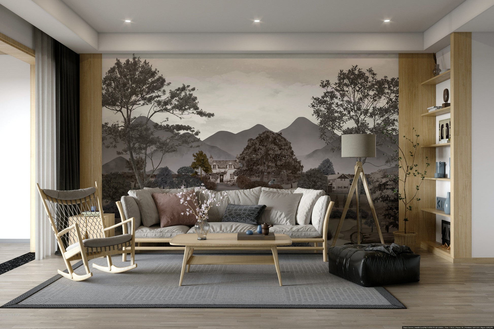 The design features a repeating pattern of soft, rolling hills and rustic farm elements.

