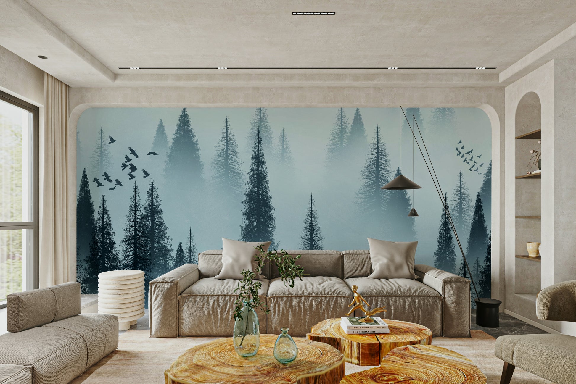 Tranquil Forest Dawn Wallpaper – Calming Bedroom Backdrop