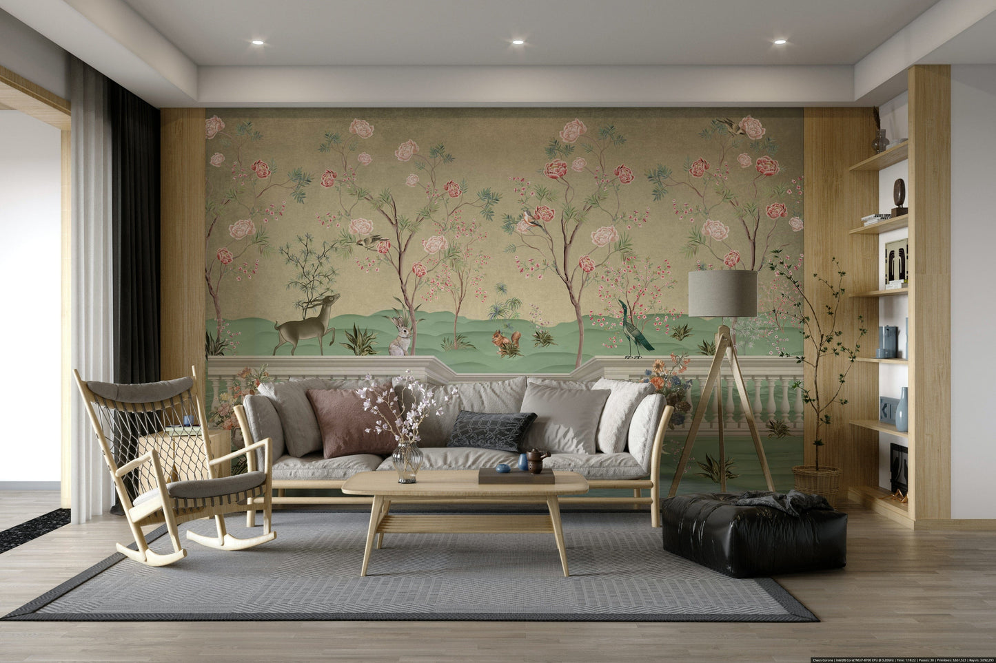 The colors are gentle and lush, with a natural, green and gray palette.

