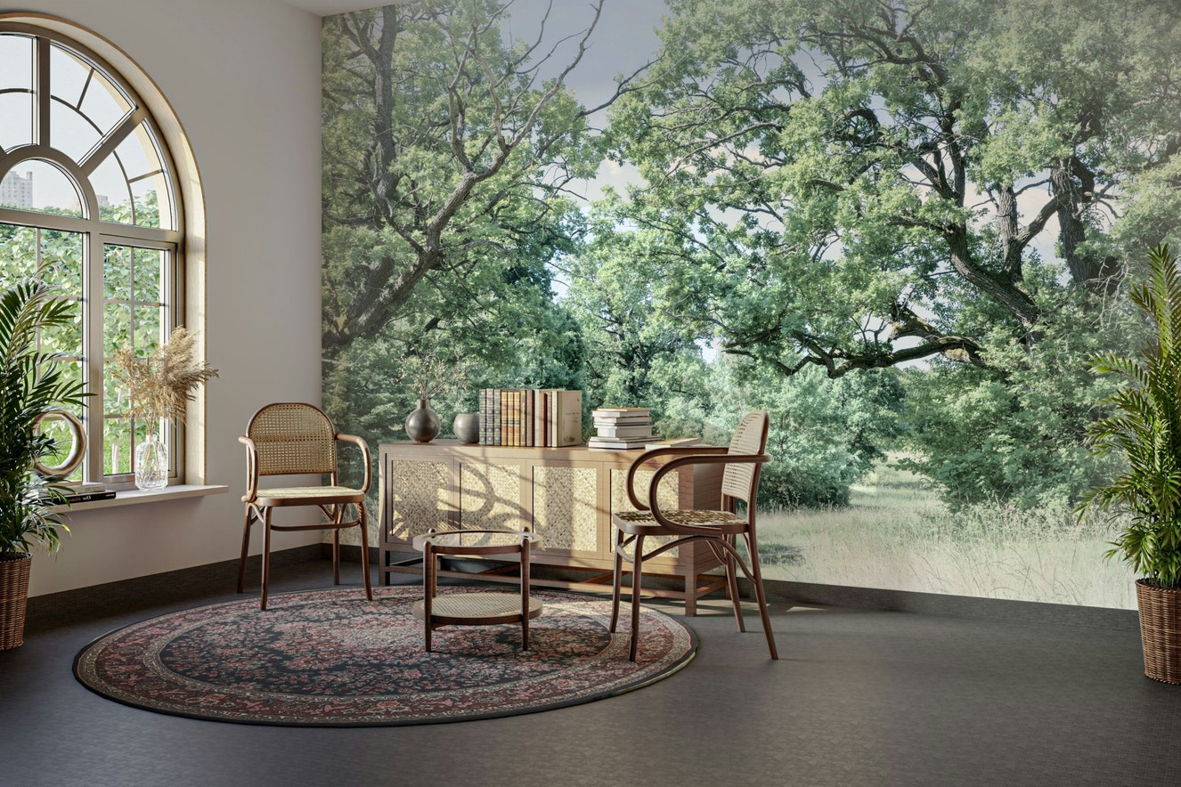 Tranquil trees and grass wallpaper
