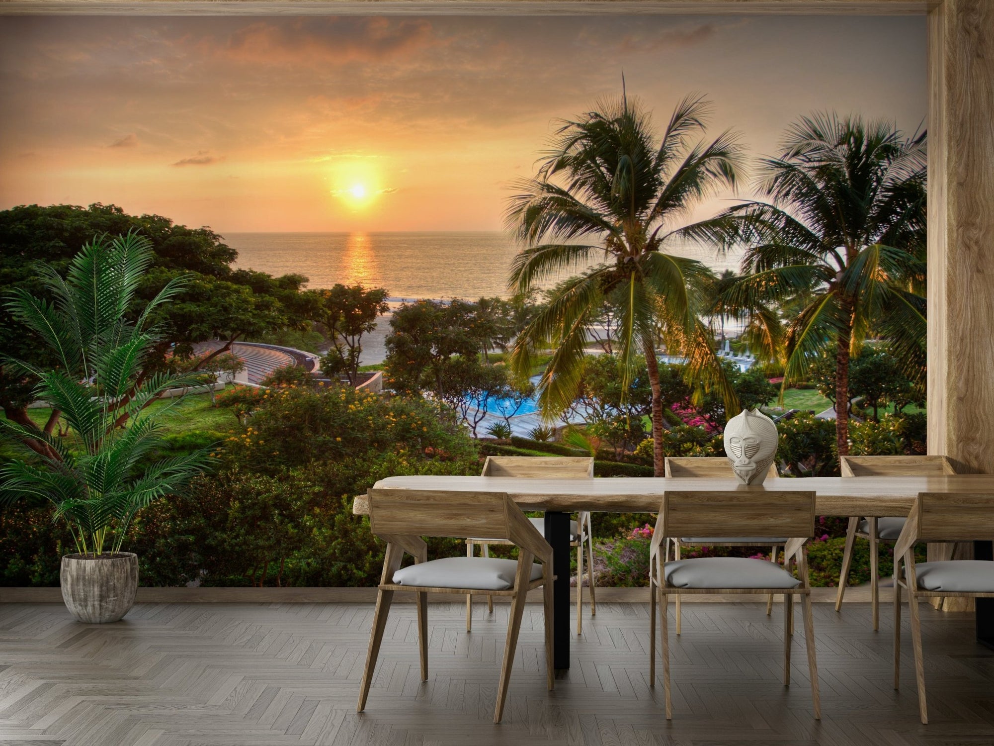 Tranquil Hawaii Island Sunset wallpaper mural of a golden ocean sunset and palms behind a wood dining table