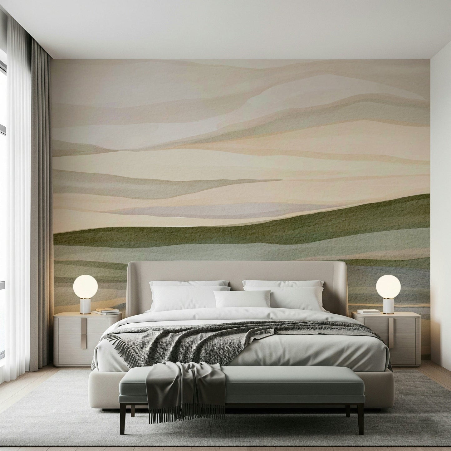 Rolling Horizon wallpaper displaying moss green and peach bands for calm effect.