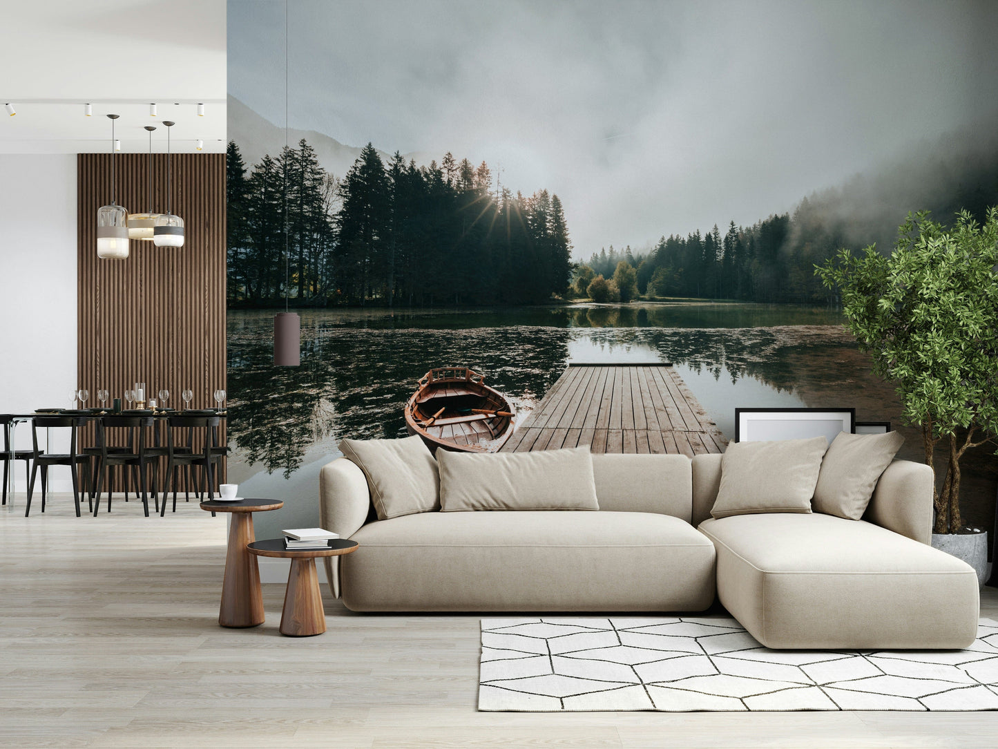 Peaceful Pier Wall Mural – Calm and dreamy mural featuring a wooden dock leading into soft, golden dawn light.