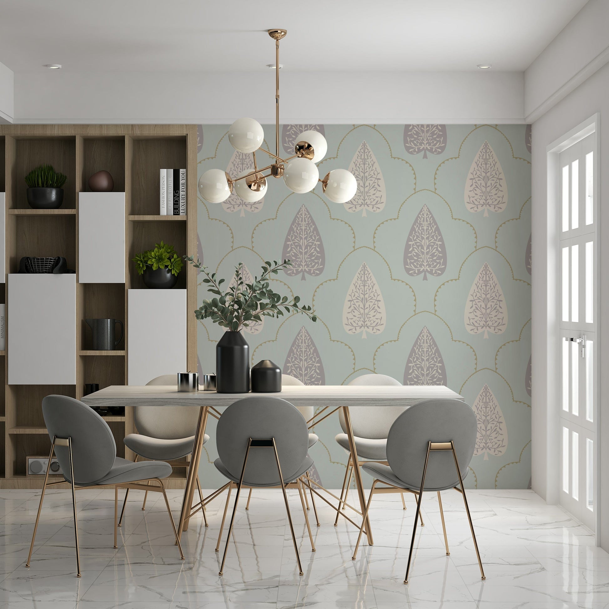 Refined Tranquil Trellis wallpaper powder blue neutral color scheme.