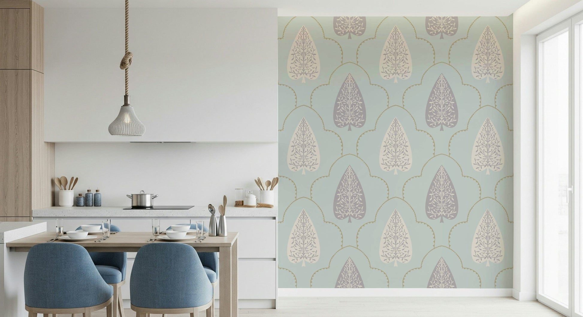 Tranquil Trellis wallpaper serene sage color leaf motif design.