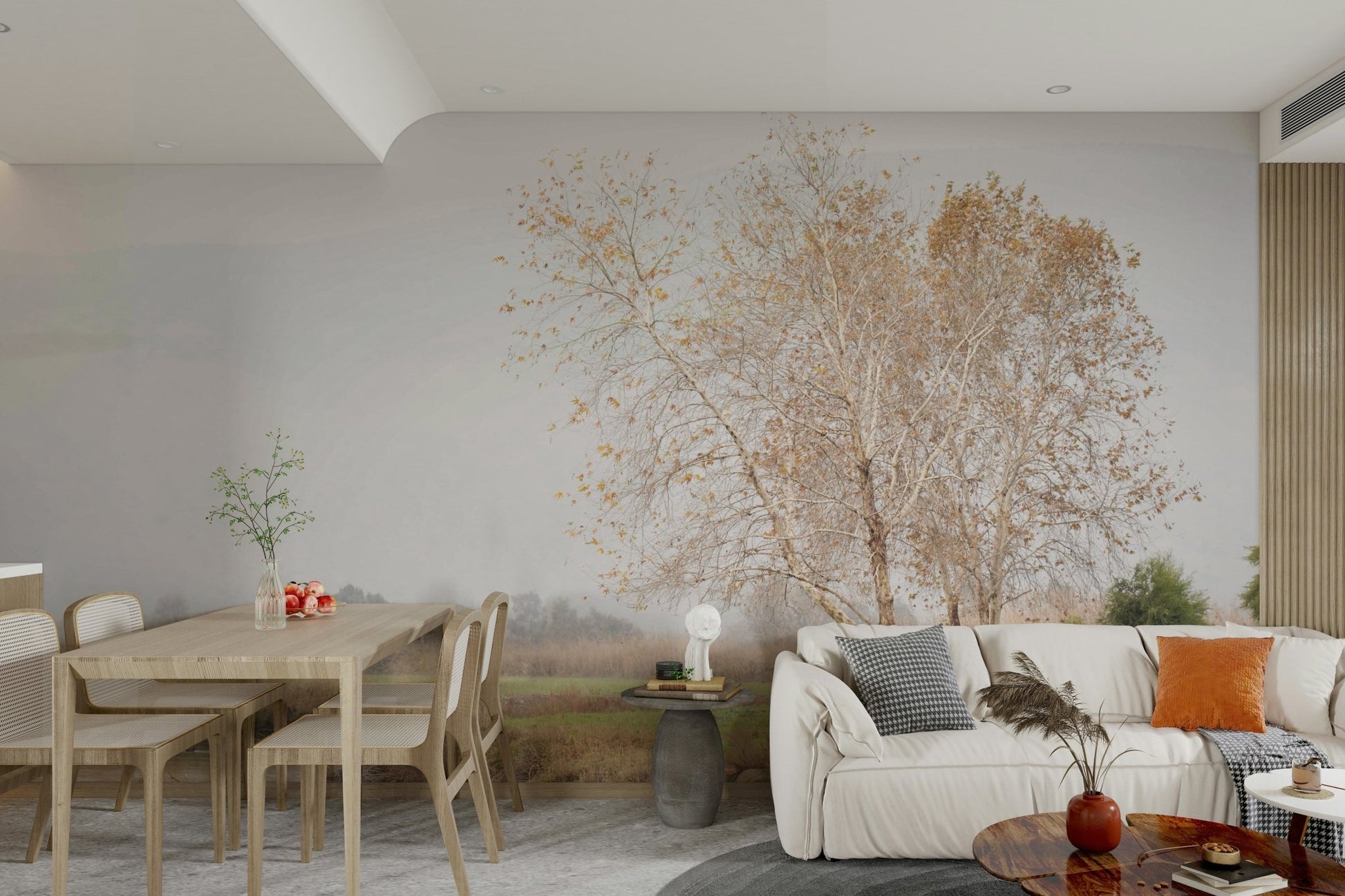 The color palette is composed of muted greens for foliage, soft grays and whites for the mist.