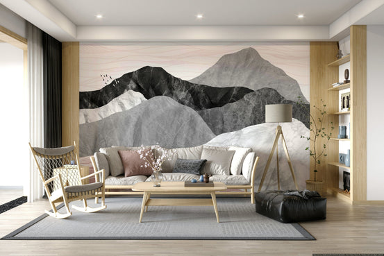 Mountain Vista wallpaper mural of black and grey marble peaks behind a beige sofa and wood rocking chair in a living room