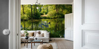 Tranquil Nature Reflection Art Print - Serene Water and Greenery Scene Wall Mural