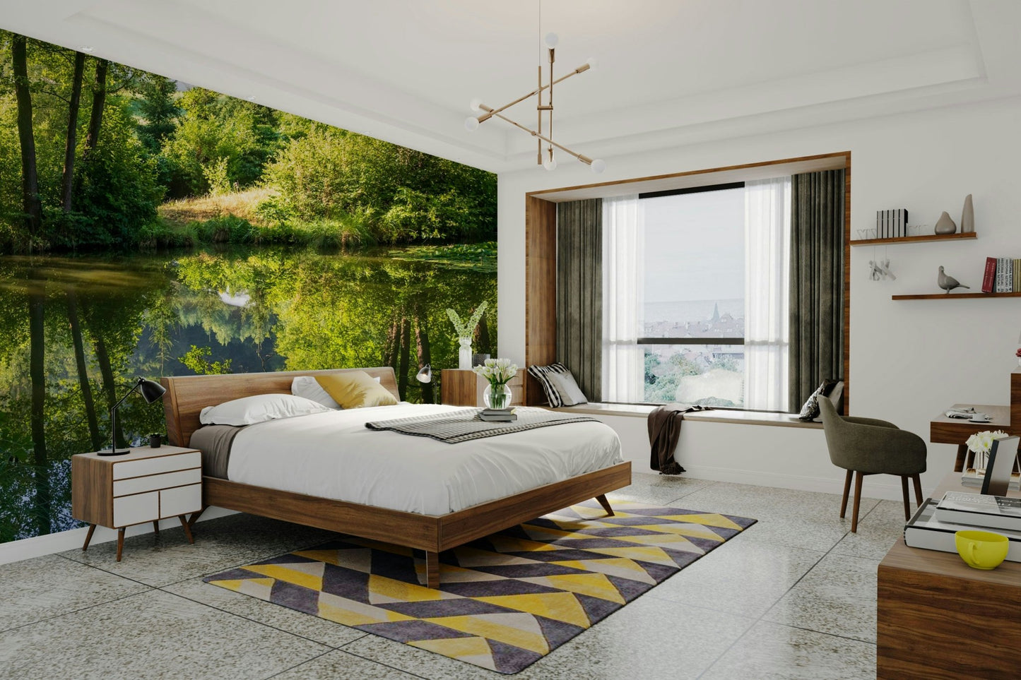 Tranquil Nature Reflection Art Print - Serene Water and Greenery Scene Wall Mural