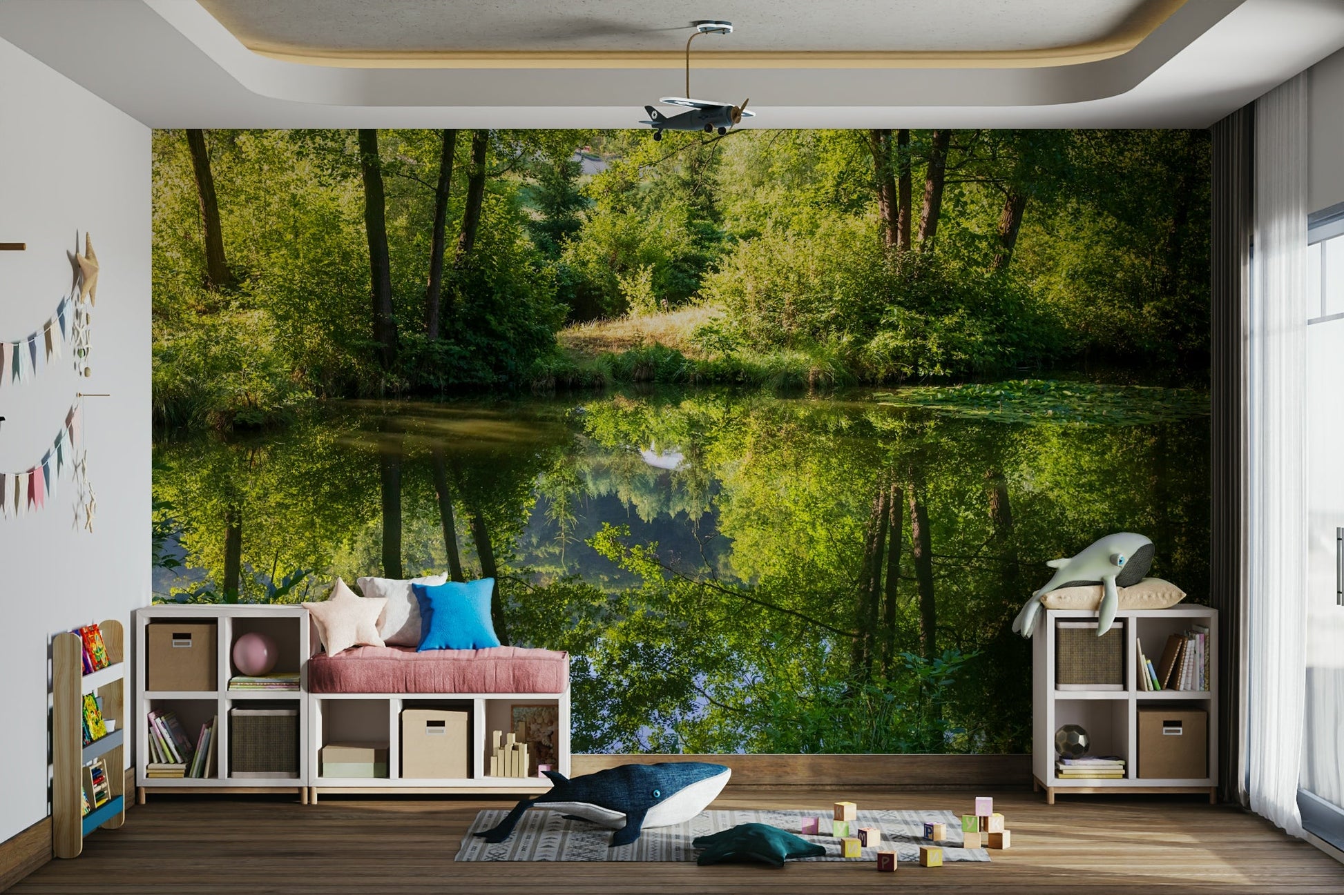 Tranquil Nature Reflection Art Print - Serene Water and Greenery Scene Wall Mural