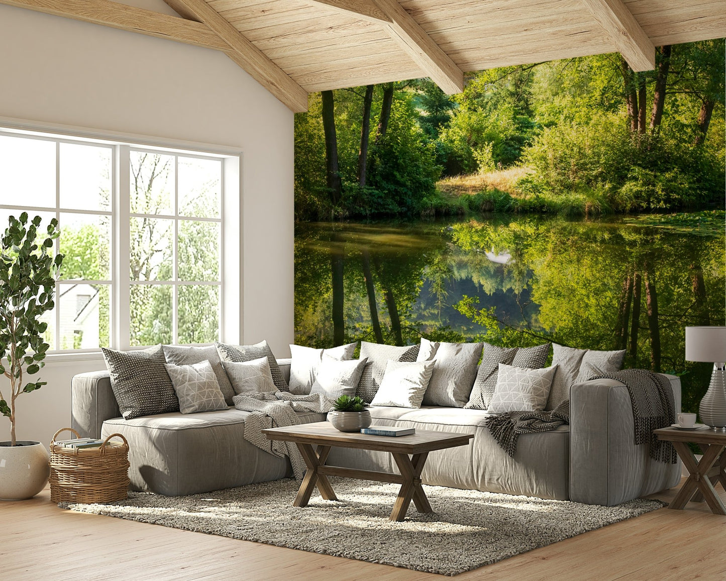 Tranquil Nature Reflection Art Print - Serene Water and Greenery Scene Wall Mural