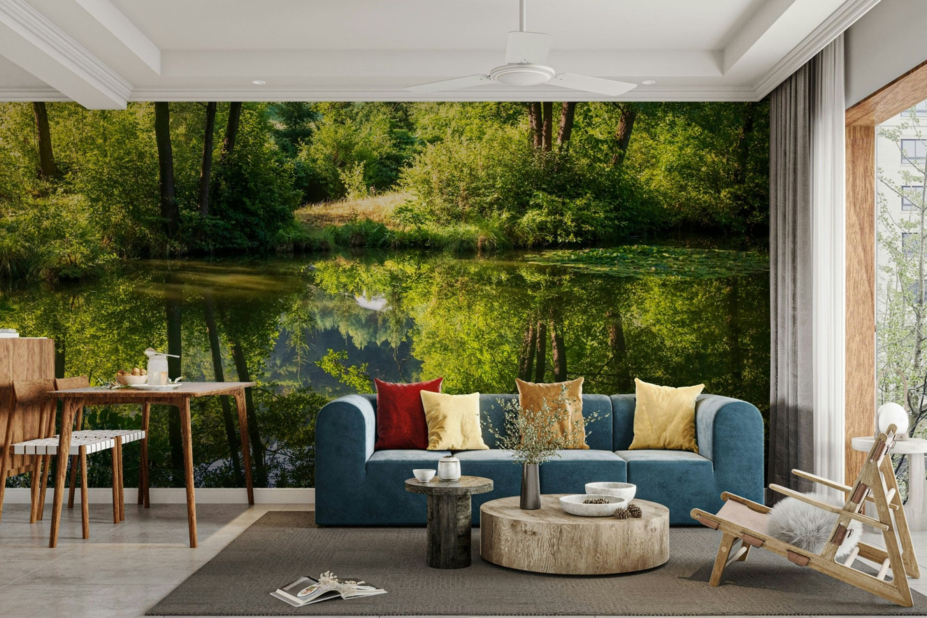 Tranquil Nature Reflection Art Print - Serene Water and Greenery Scene Wall Mural