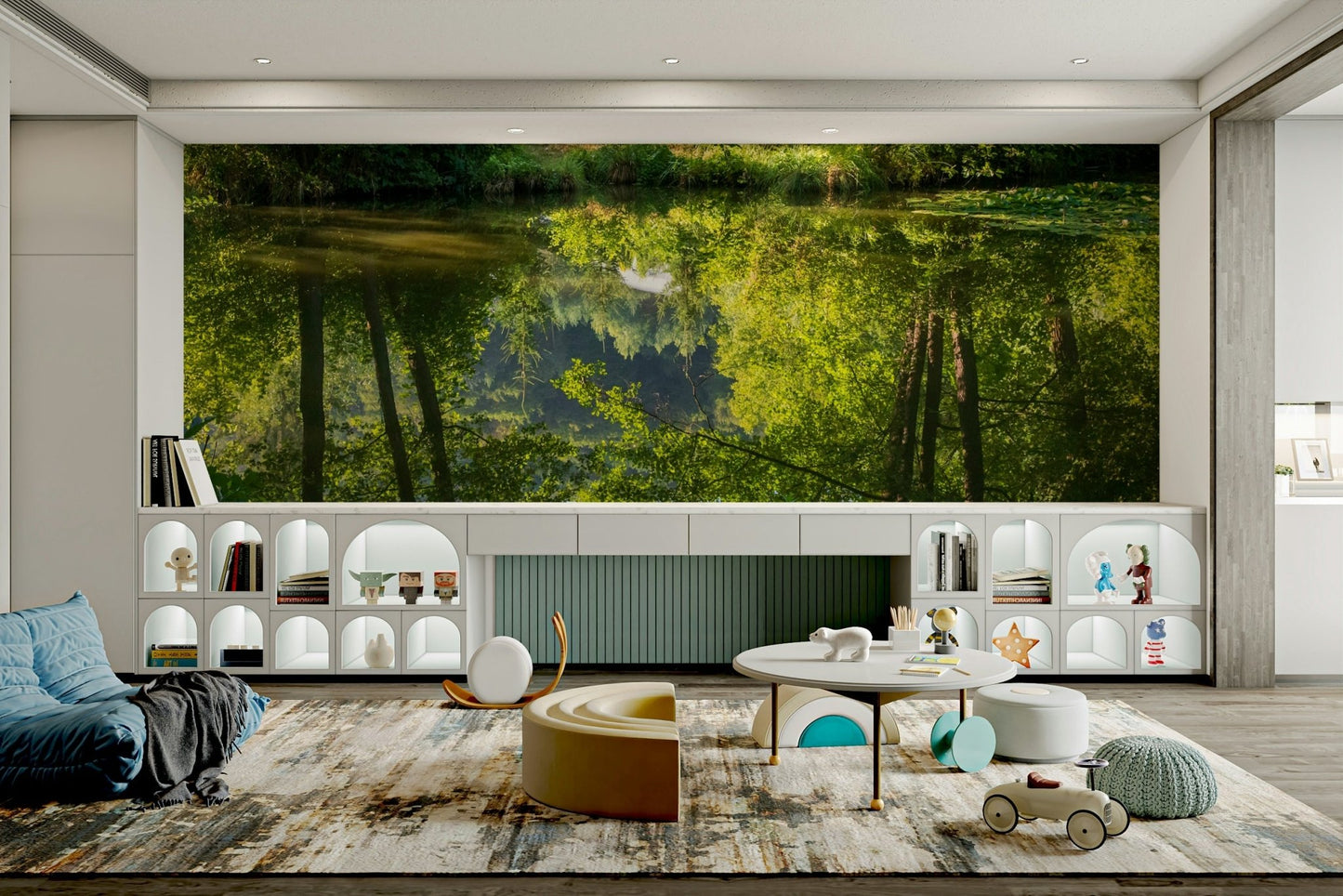 Tranquil Nature Reflection Art Print - Serene Water and Greenery Scene Wall Mural