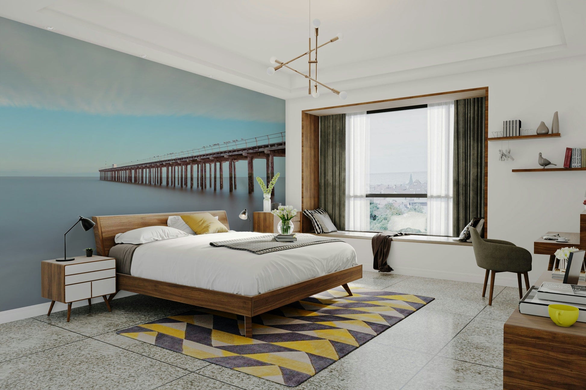A bedroom with the coastal mural behind the headboard.

