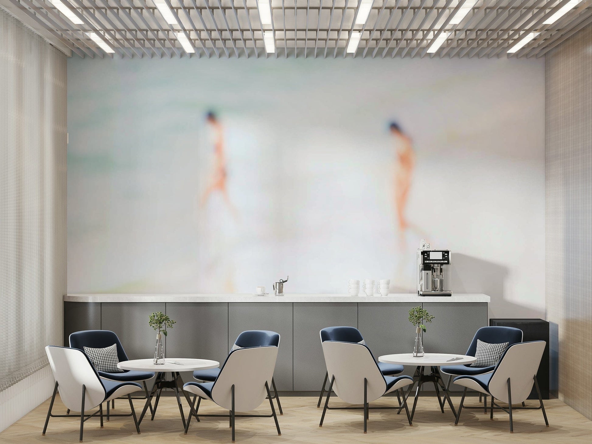 A minimalist interior with the ocean-themed wallpaper.

