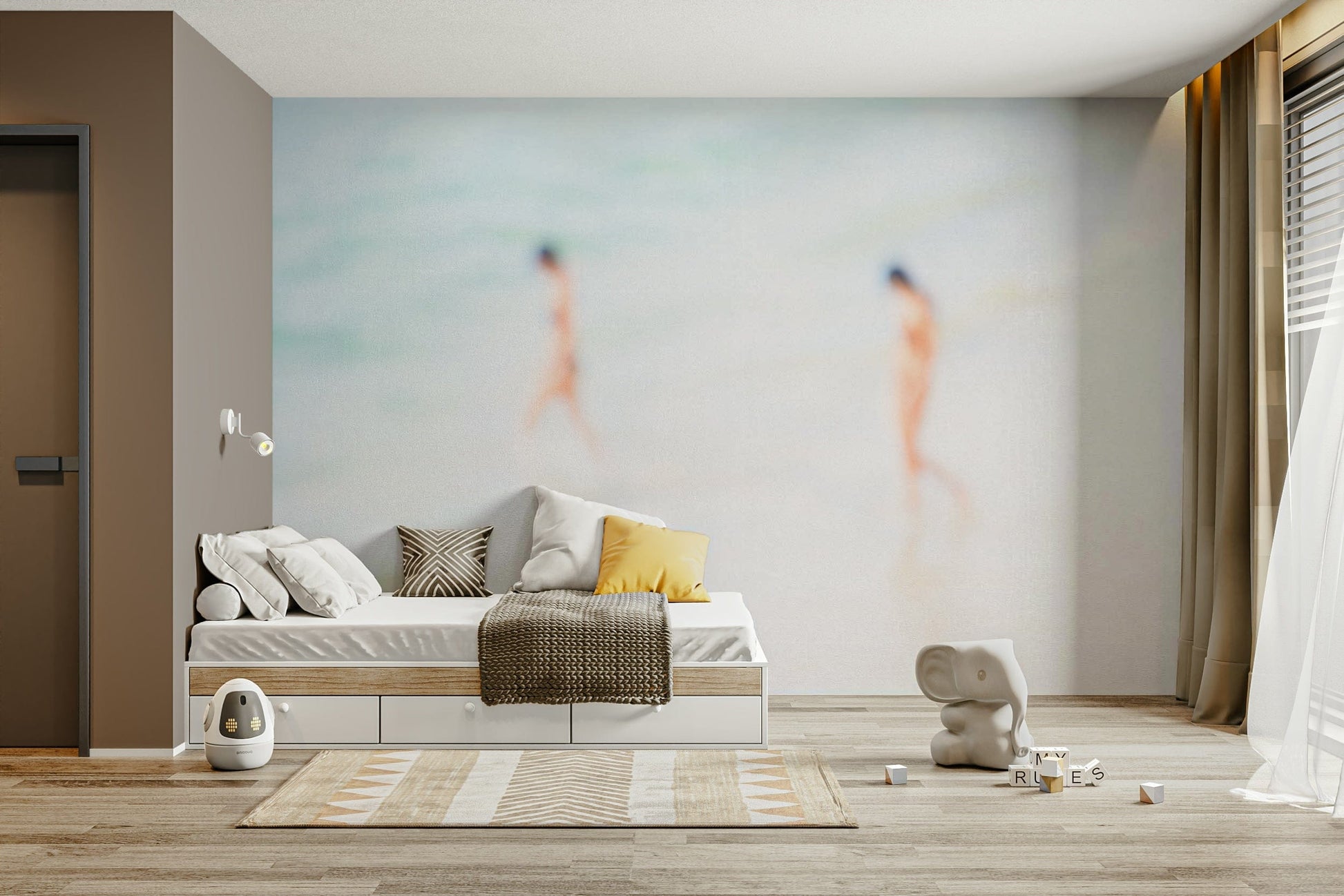A living room featuring the coastal wall mural.

