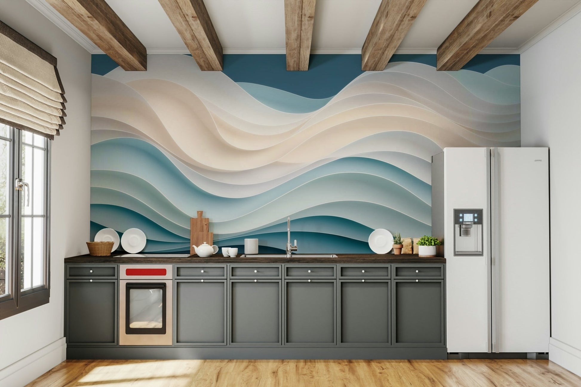 The room feels calm and relaxing due to the seaside scene.

