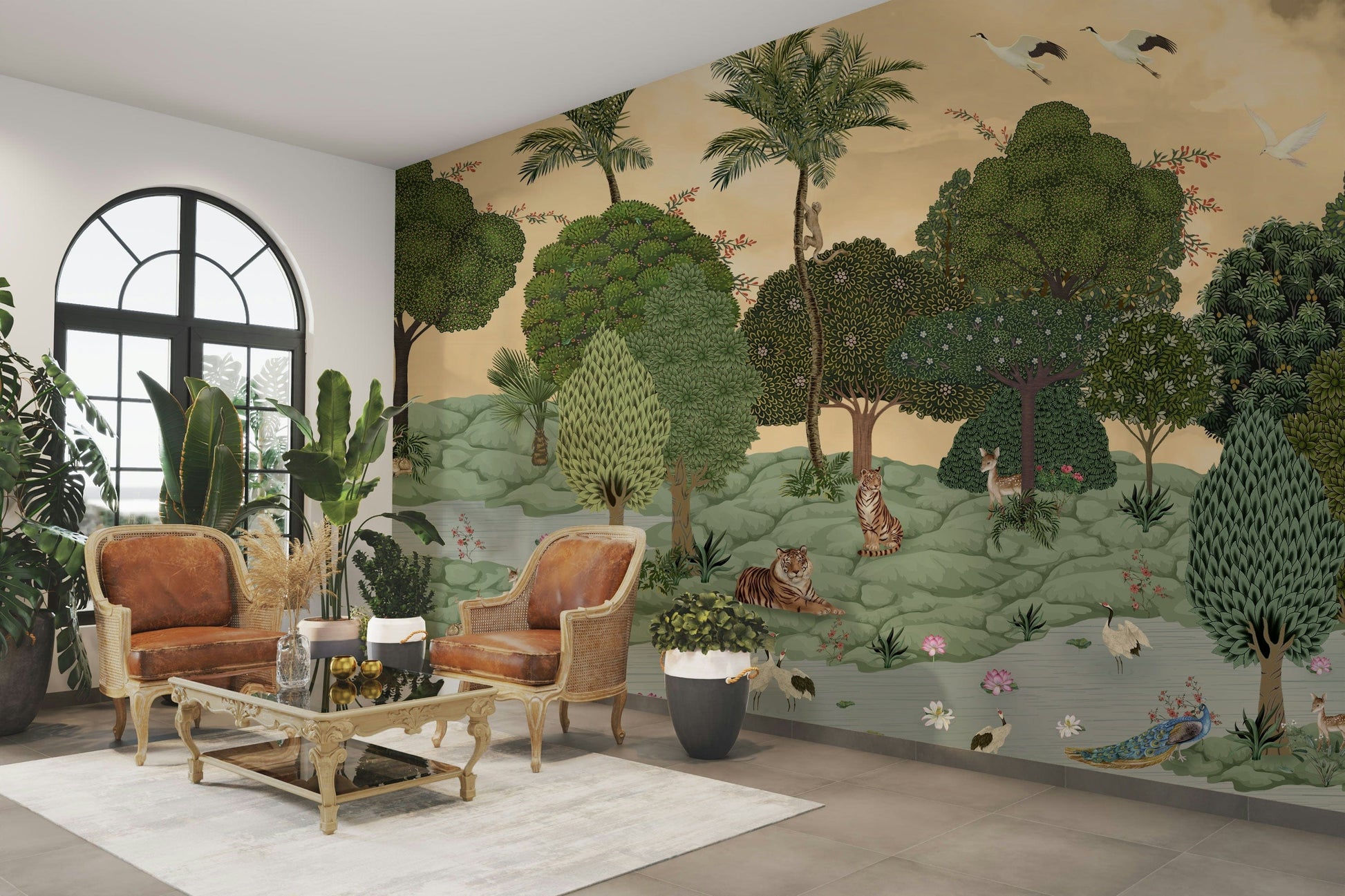 The colors are soft and gentle, with pale greens, browns, and dark shades.

