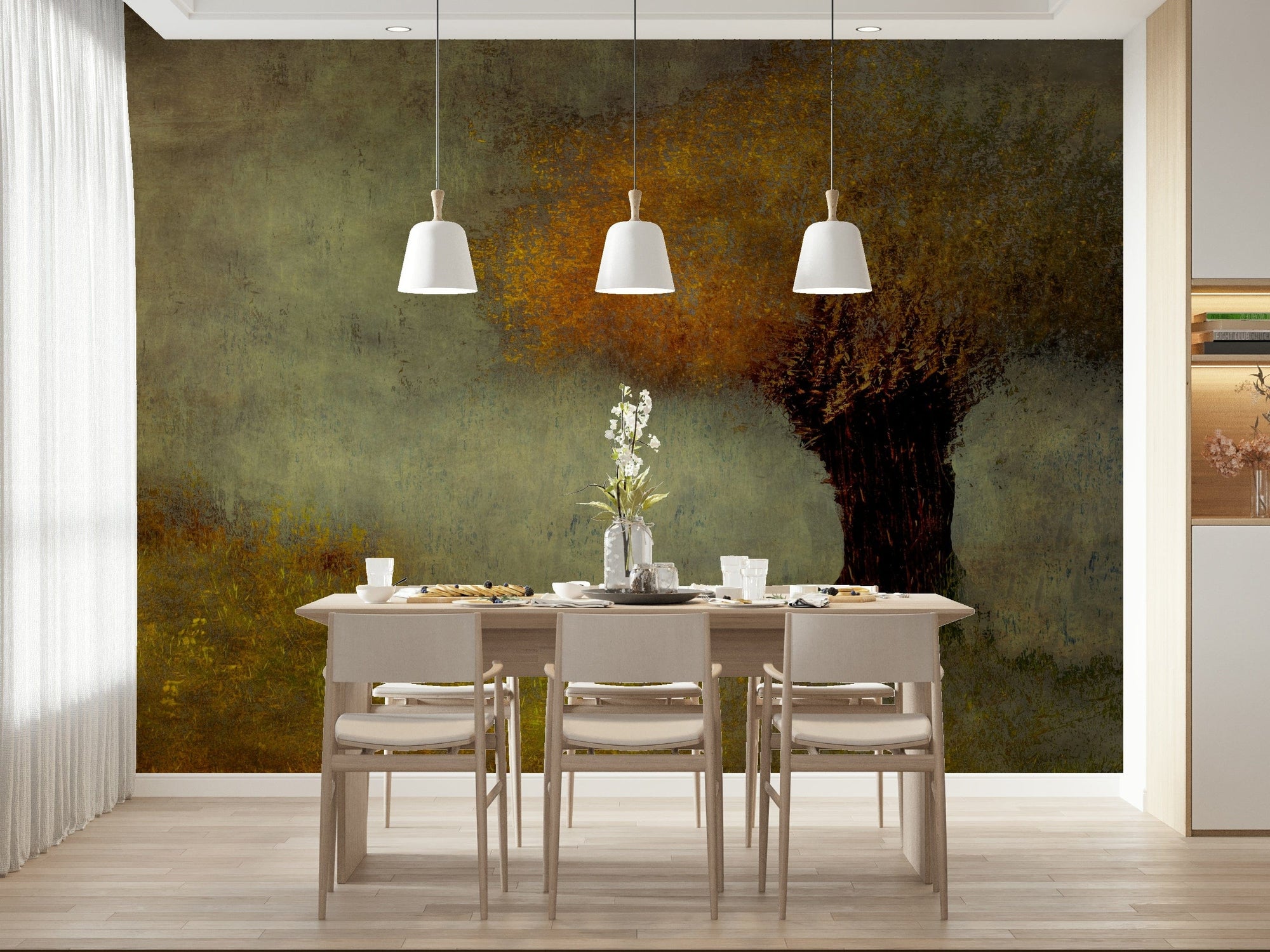 Tranquil Canopy wallpaper mural of an amber autumn tree on an olive field behind a wood dining table and pendants