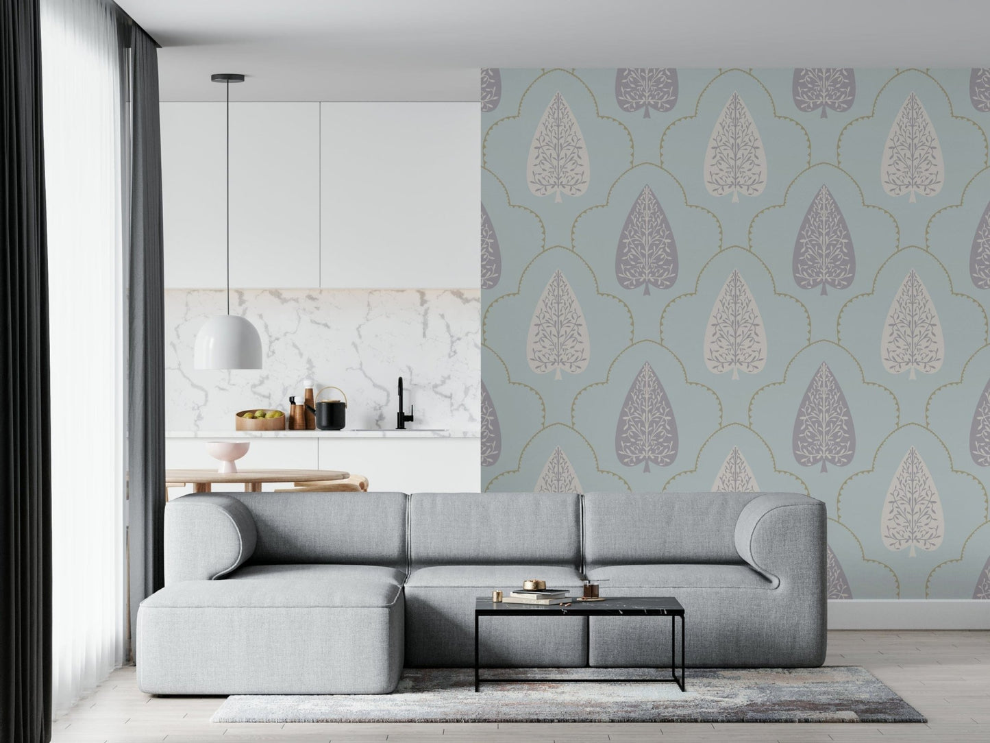 Ethereal Tranquil Trellis wall covering dove gray foliage.