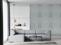 Ethereal Tranquil Trellis wall covering dove gray foliage.