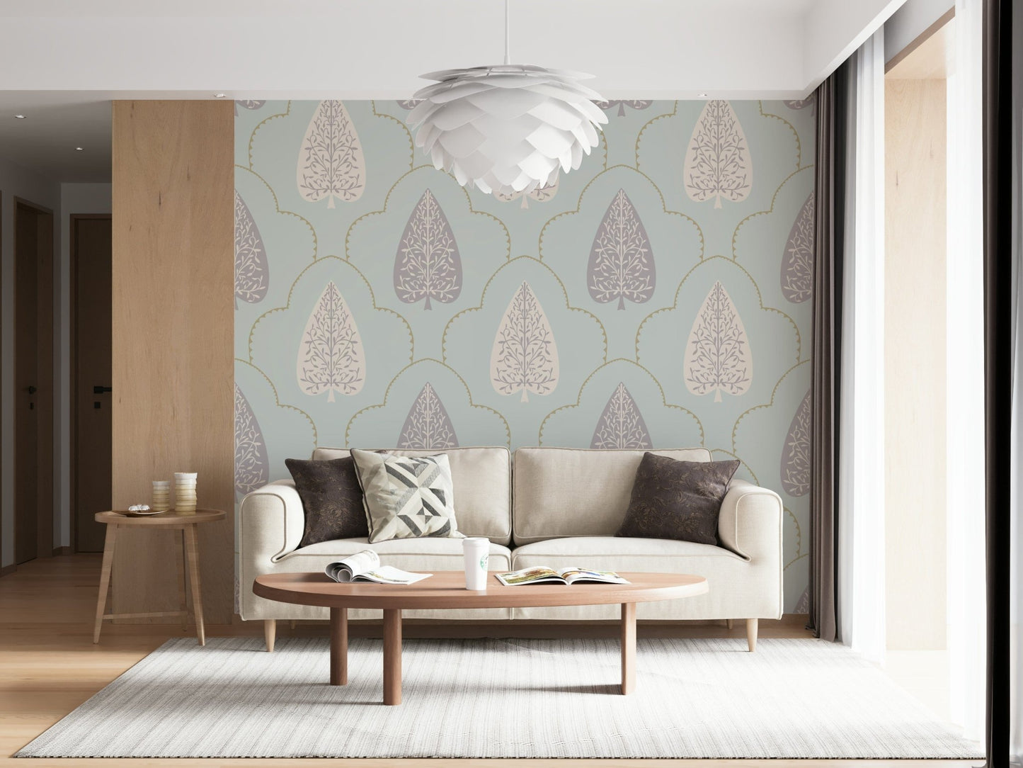 Soothing Tranquil Trellis wallpaper scalloped trellis arch detail.