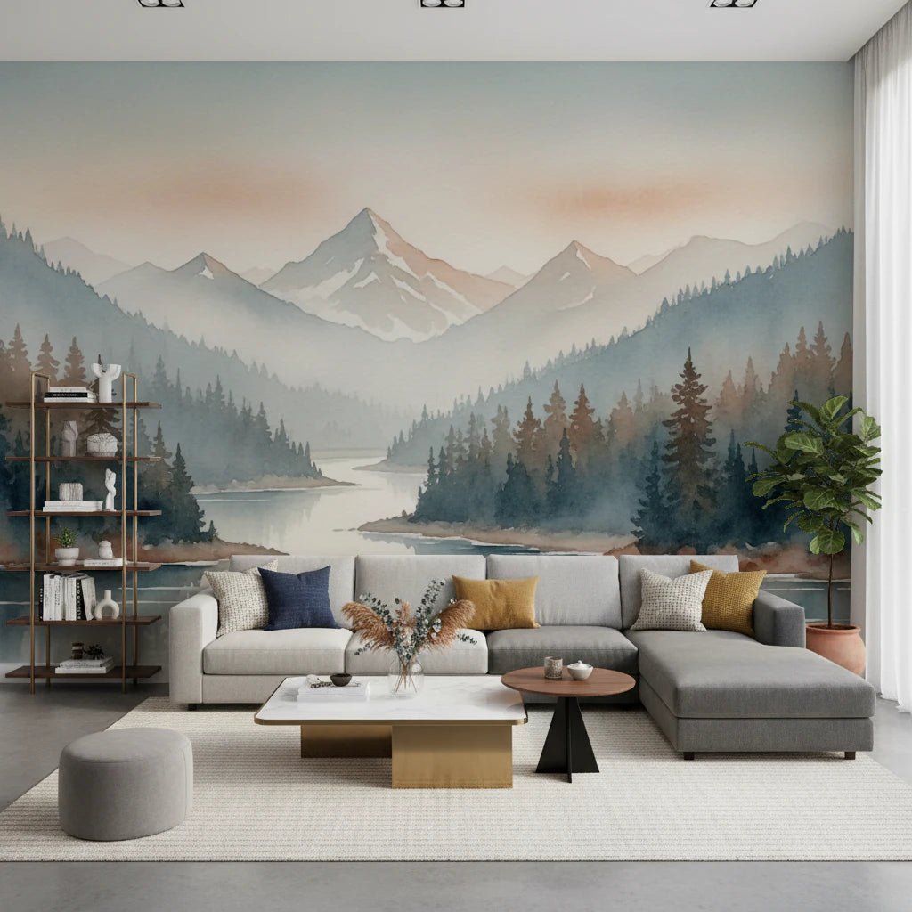 Tranquil Valley watercolor mural of misty mountains and river behind a grey sectional sofa in a living room