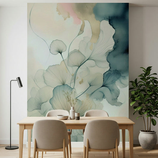 Translucent Teal Petals wallpaper mural behind a wooden dining table with beige chairs and a potted fig tree