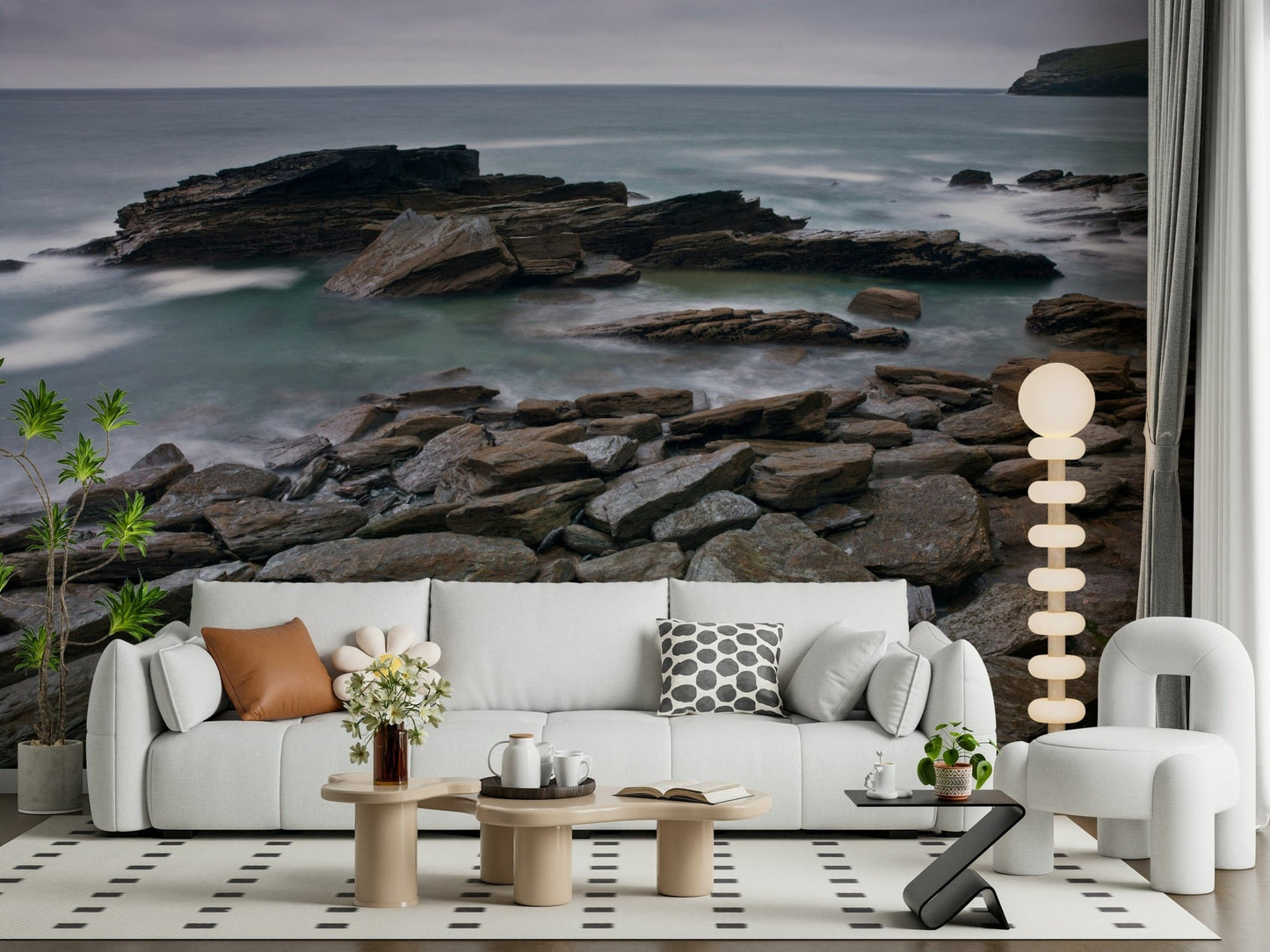 Shoreline with jagged rocks on dining room wall