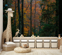 A beautiful wide-angle wall mural of a pine forest.

