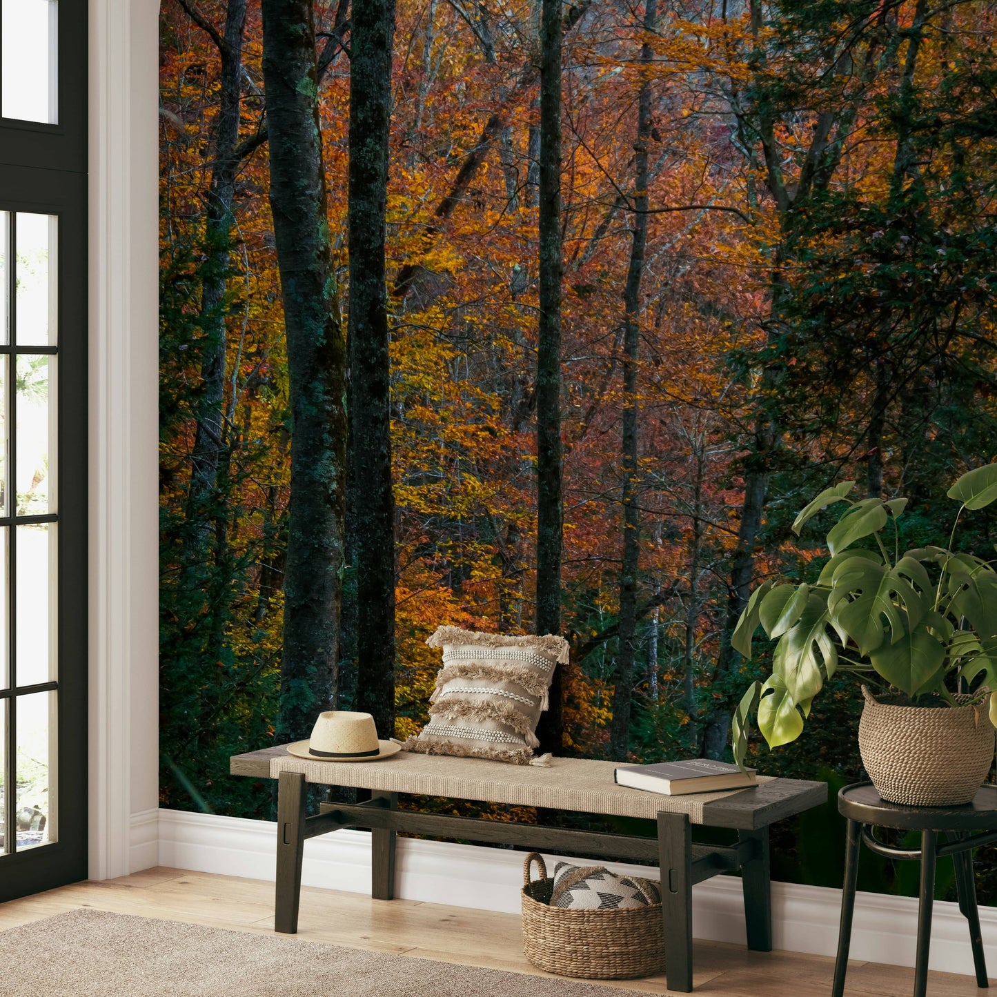 A peaceful open forest mural on decorative wallpaper.

