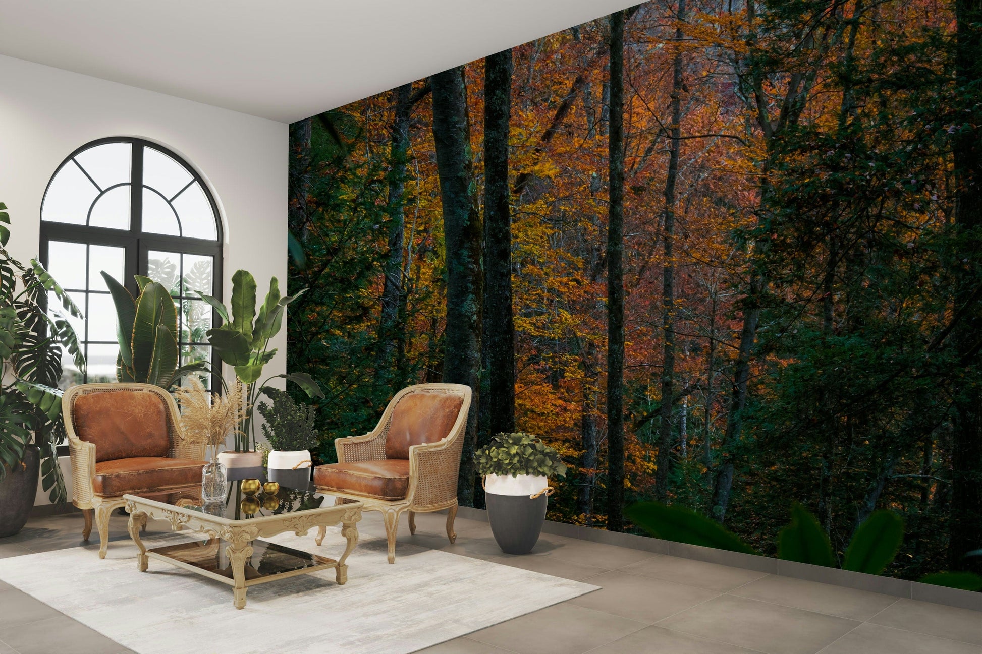 An artistic lush tree mural on minimalist wallpaper.

